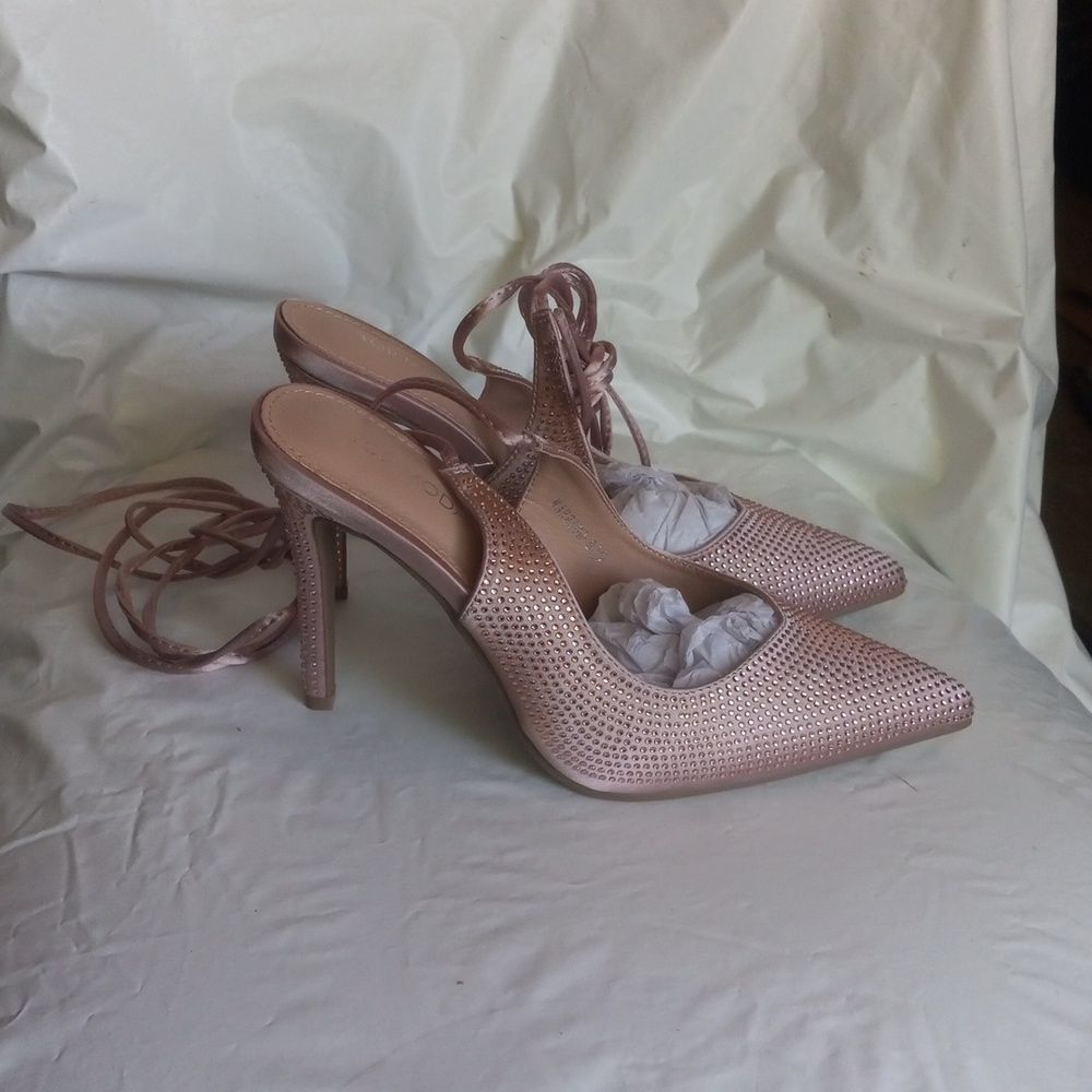 Top Moda Nude Wrap Up Lace Up Pumps Embellished Heels Sz 10